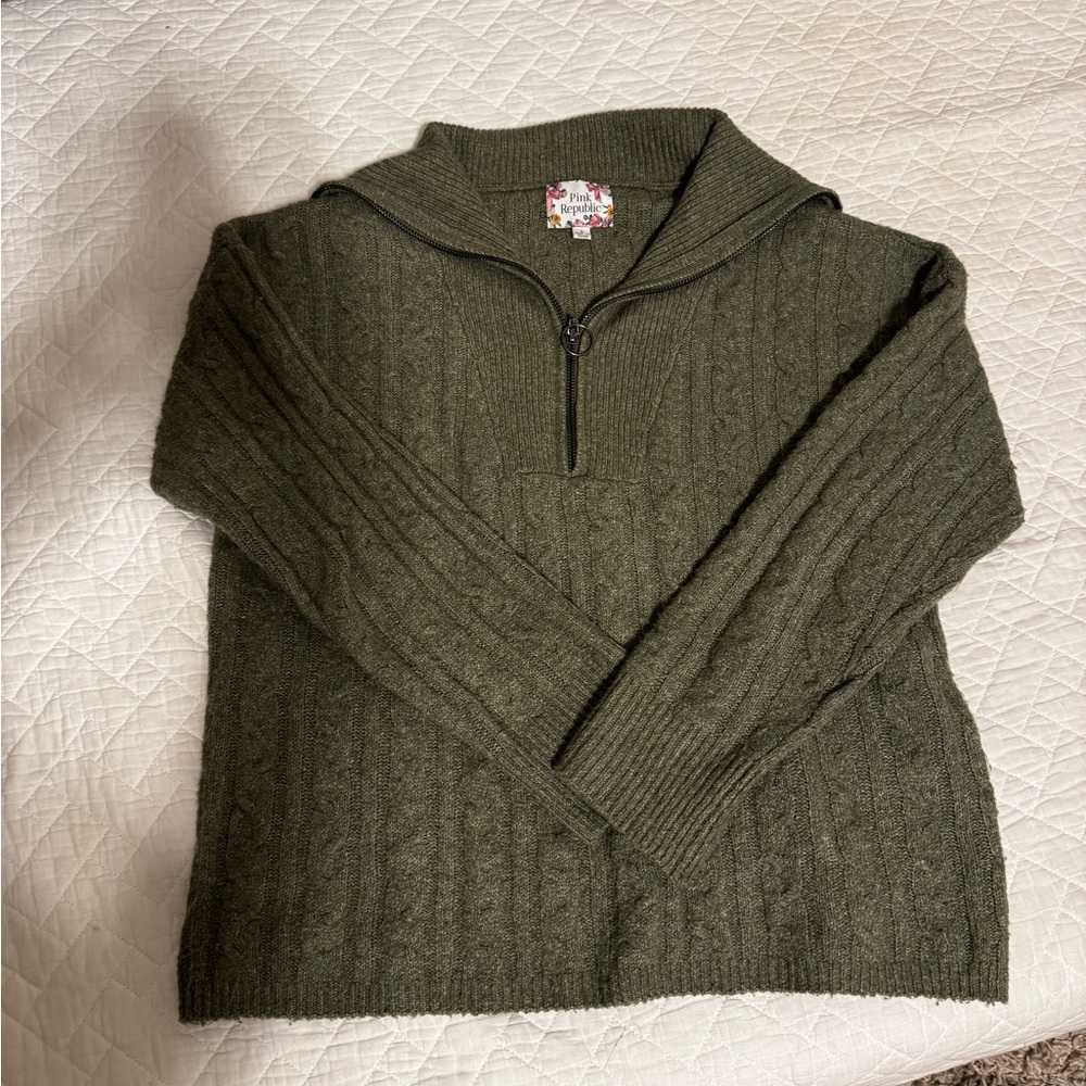 Pink Republic Olive Cable-Knit Half-Zip Sweater